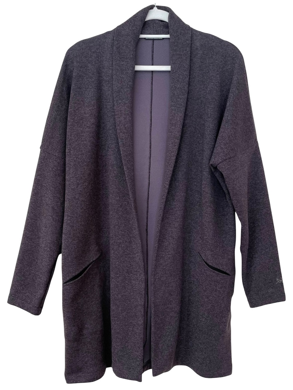 Arc'teryx Laina Long Open Cardigan Sweater L Purple Shawl Collar Athleisure Fall